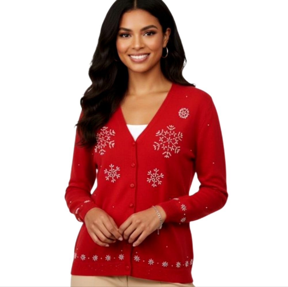 Designers Originals Christmas Sweater Red Beaded Snowflakes Button Front Size LP